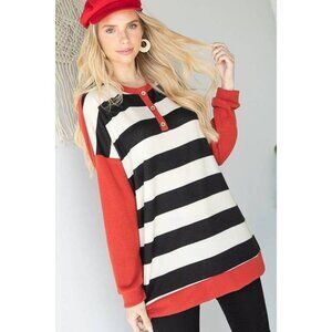 Jade By Jane Striped Long Sleeve Tunic Top 3XL Red & Black With Buttons